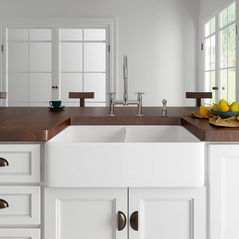 Rectangular Ceramic Double Basin Kitchen Sink w/ Basket Strainer