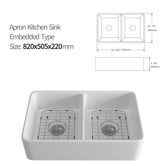 Rectangular Ceramic Double Basin Kitchen Sink w/ Basket Strainer