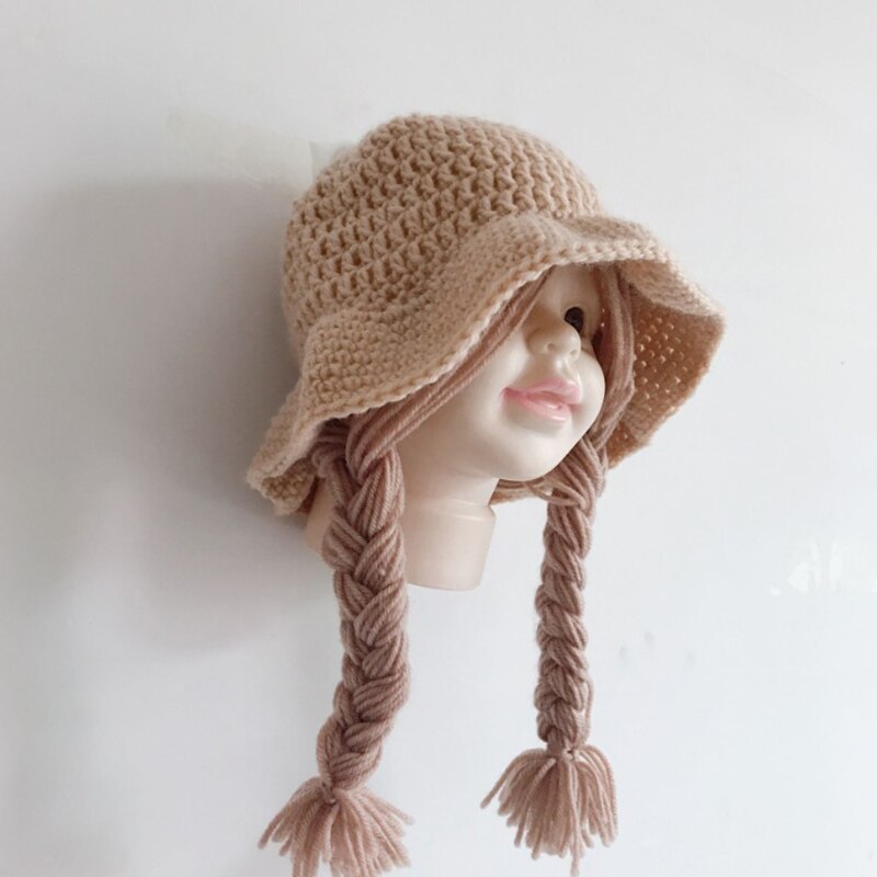 Winter Soft Warm Cute Wig Big Braid Kids Girls Princess Hat Baby Children Knitted Hat