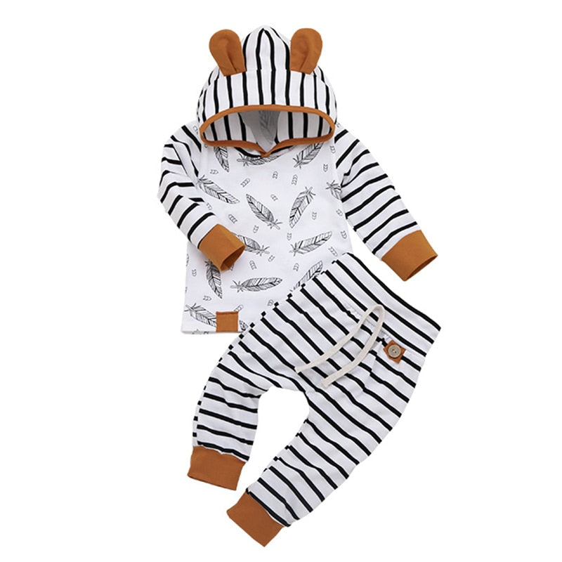 New Spring Autumn Casual Baby Striped Printing Long Sleeve Hoodie And Trousers Kid Two-piece Outfit Cute Set