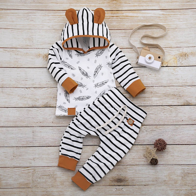 New Spring Autumn Casual Baby Striped Printing Long Sleeve Hoodie And Trousers Kid Two-piece Outfit Cute Set