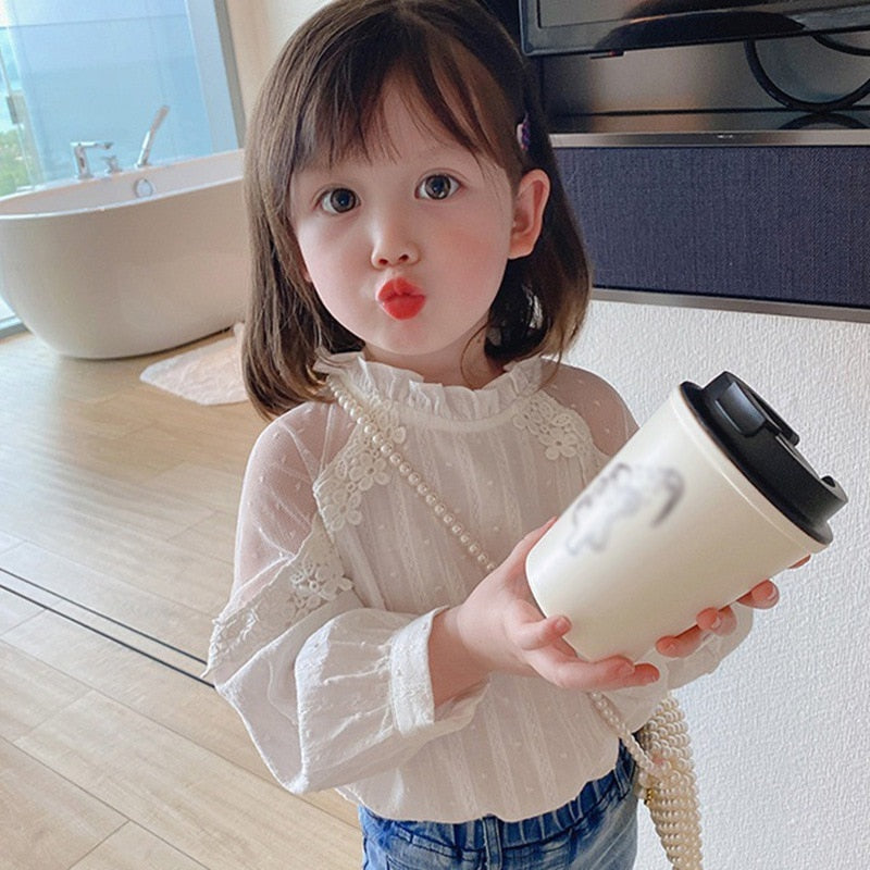 Girls' Korean Sweet Lace Shirt Pure White