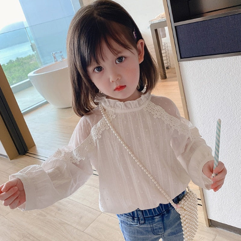 Girls' Korean Sweet Lace Shirt Pure White
