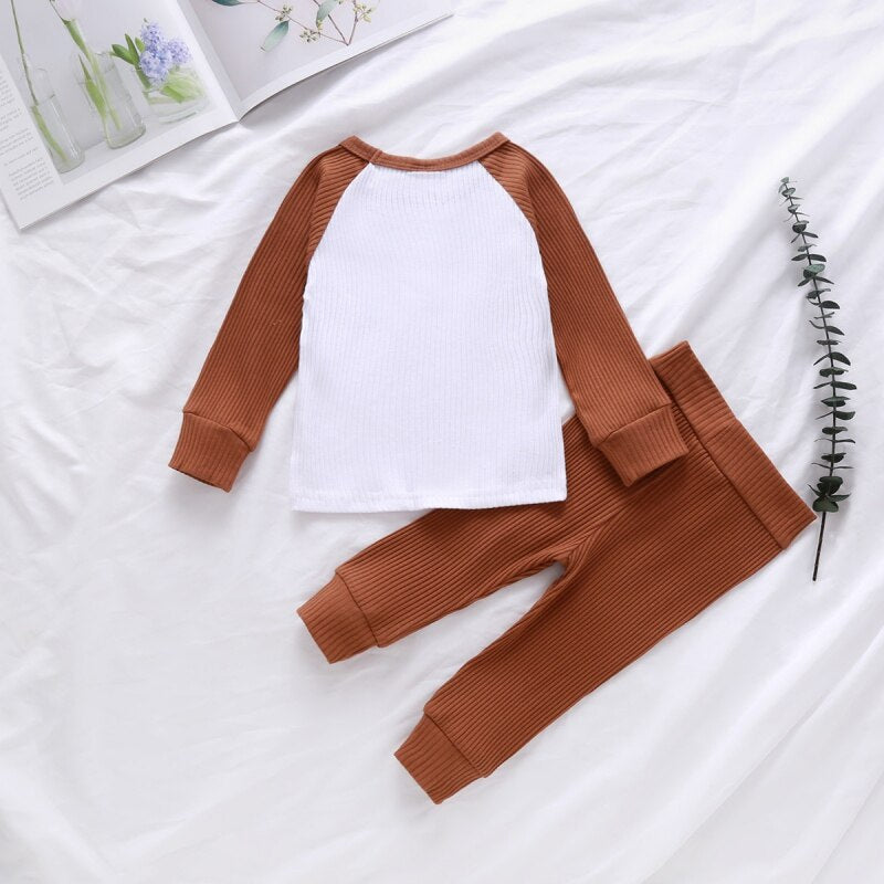 Children\'s Clothing Knitted Pit Stripe Contrast Color Blouse Long Sleeves Trousers Two-piece Suit
