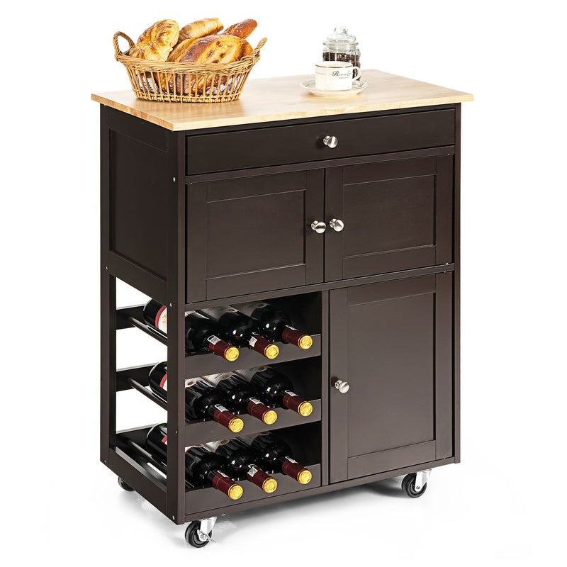 Rolling Kitchen Island Serving Cart Storage Cabinet w/ Wine Rack HW67062