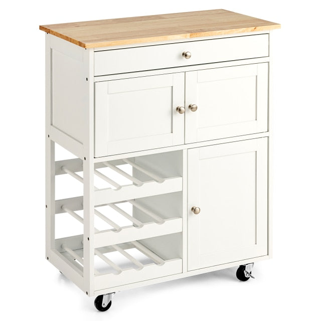 Rolling Kitchen Island Serving Cart Storage Cabinet w/ Wine Rack HW67062