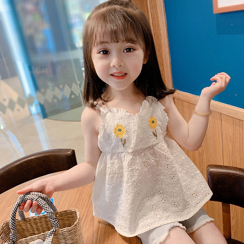 Flower Embroidery Halter Top Girl Sweet Doll Shirt White