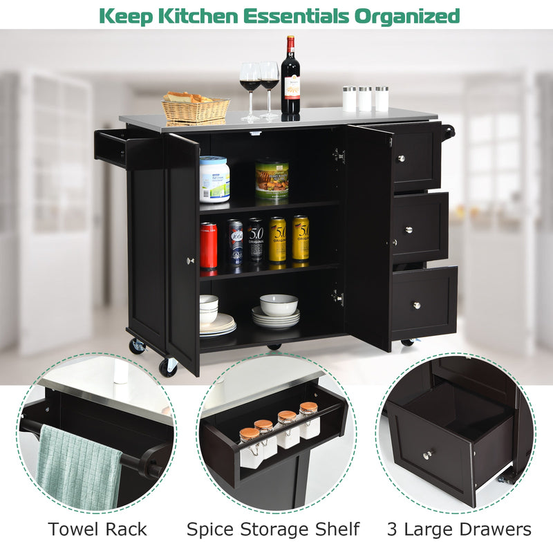 Kitchen Island 2-Door Storage Cabinet Stainless Steel Top w/Drawers & Spice Rack HW64505