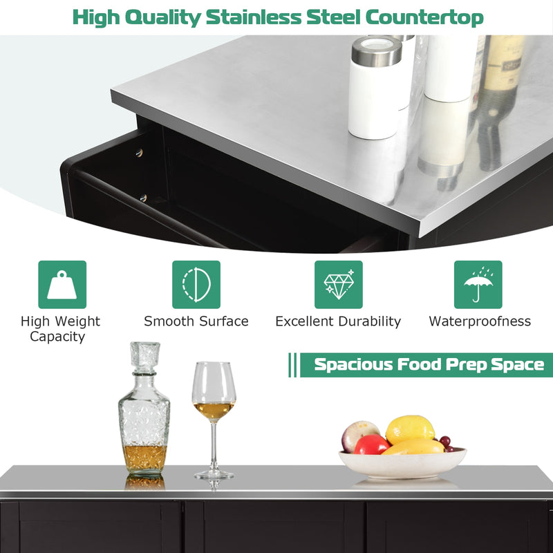 Kitchen Island 2-Door Storage Cabinet Stainless Steel Top w/Drawers & Spice Rack HW64505