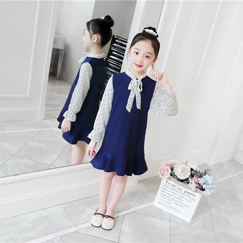 Kids Girls Dress Baby Bow Cotton Lotus Leaf Princess Dress Long Sleeves O-Neck Dots Costume