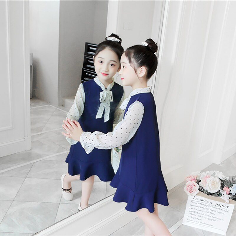 Kids Girls Dress Baby Bow Cotton Lotus Leaf Princess Dress Long Sleeves O-Neck Dots Costume