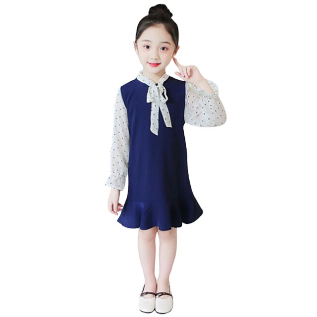 Kids Girls Dress Baby Bow Cotton Lotus Leaf Princess Dress Long Sleeves O-Neck Dots Costume