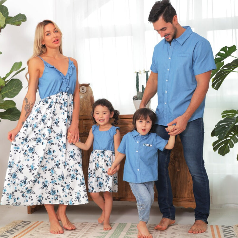 Summer Family Matching Outfits Father And Son Blue Short Sleeve T-shirt Mommy And Me Dress