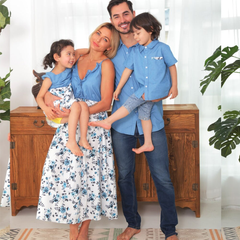Summer Family Matching Outfits Father And Son Blue Short Sleeve T-shirt Mommy And Me Dress