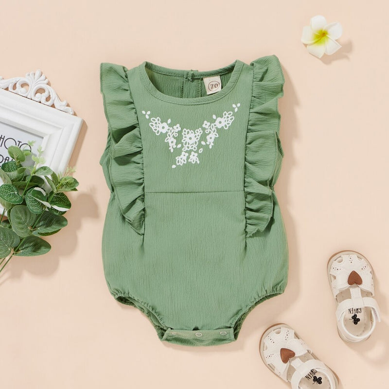 Spring Autumn Clothes Baby Girl Print Sleeveless One-piece Romper Green