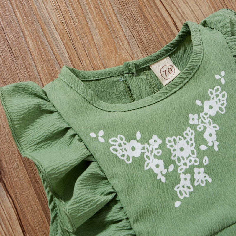 Spring Autumn Clothes Baby Girl Print Sleeveless One-piece Romper Green