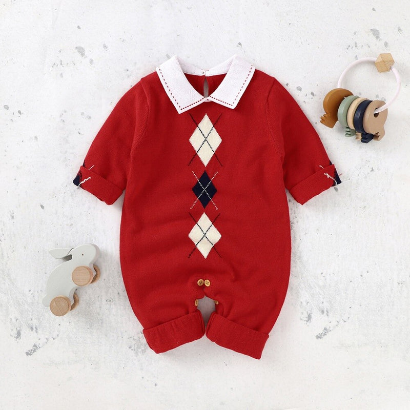 Newborn Baby Girl Boy Turn-down Collar Rompers Solid Knitted Clothes