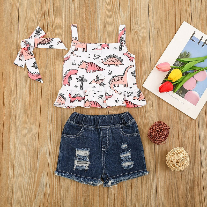 Children Girls Sweet Cotton Suit Printing Top + Denim Shorts Gift Hair Band 140 Yards Summer