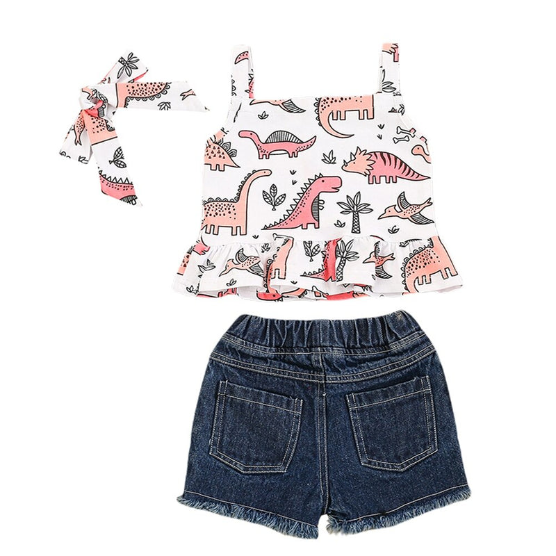 Children Girls Sweet Cotton Suit Printing Top + Denim Shorts Gift Hair Band 140 Yards Summer