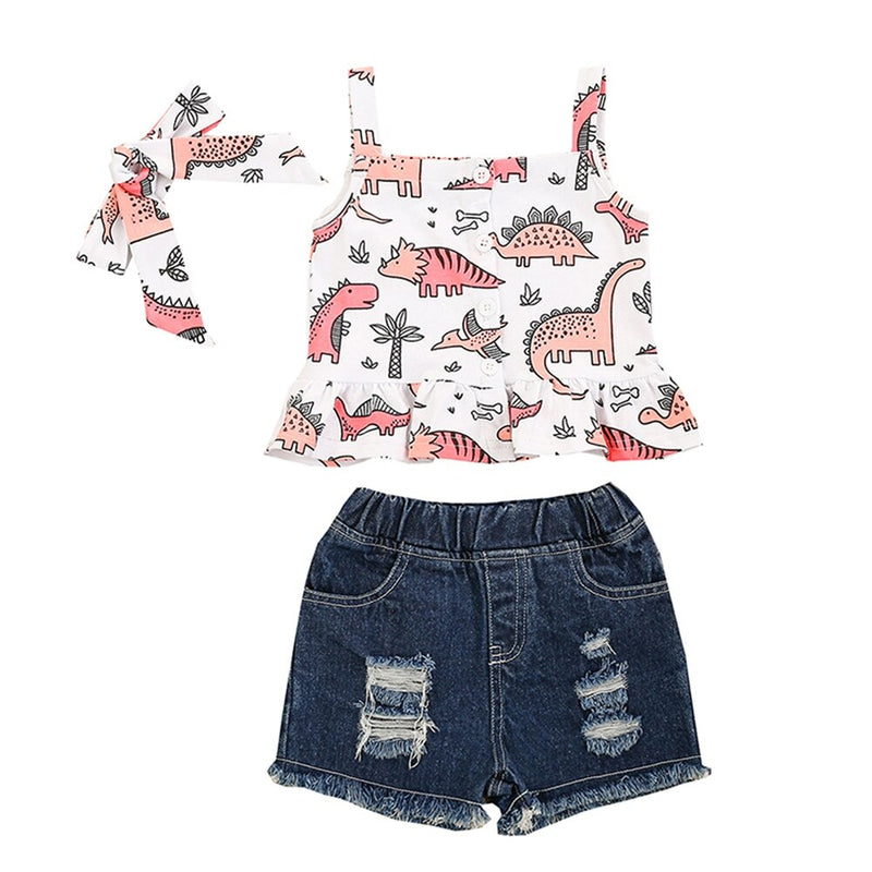 Children Girls Sweet Cotton Suit Printing Top + Denim Shorts Gift Hair Band 140 Yards Summer