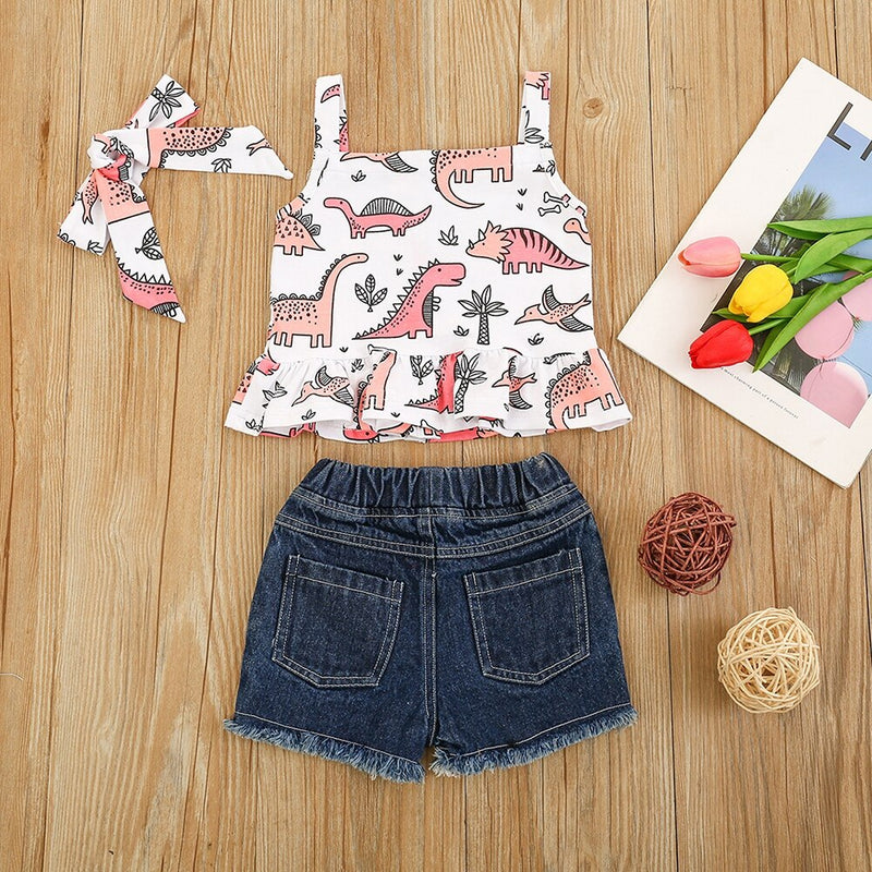 Children Girls Sweet Cotton Suit Printing Top + Denim Shorts Gift Hair Band 140 Yards Summer