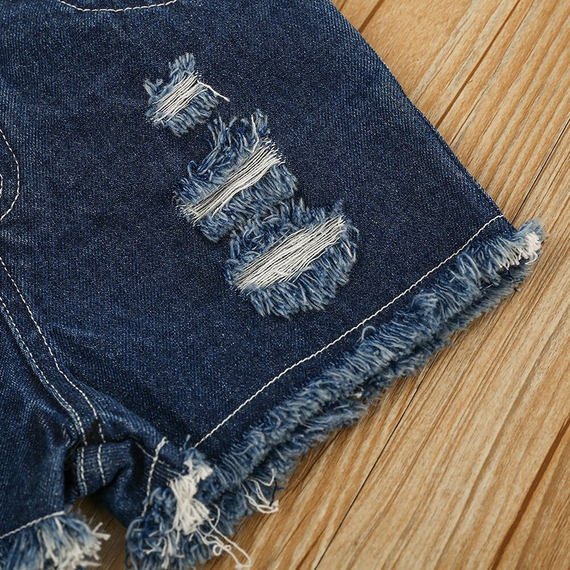 Children Girls Sweet Cotton Suit Printing Top + Denim Shorts Gift Hair Band 140 Yards Summer