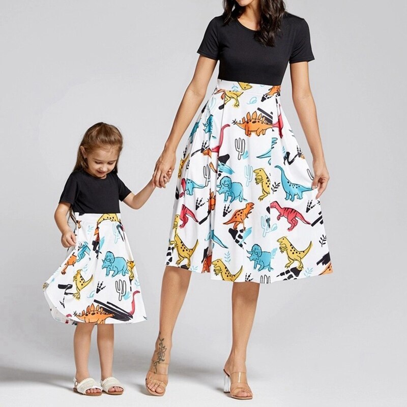 SummerMom Girls and Little Baby Short Sleeve Dinosaur Prints Dress Family Matching Dresses