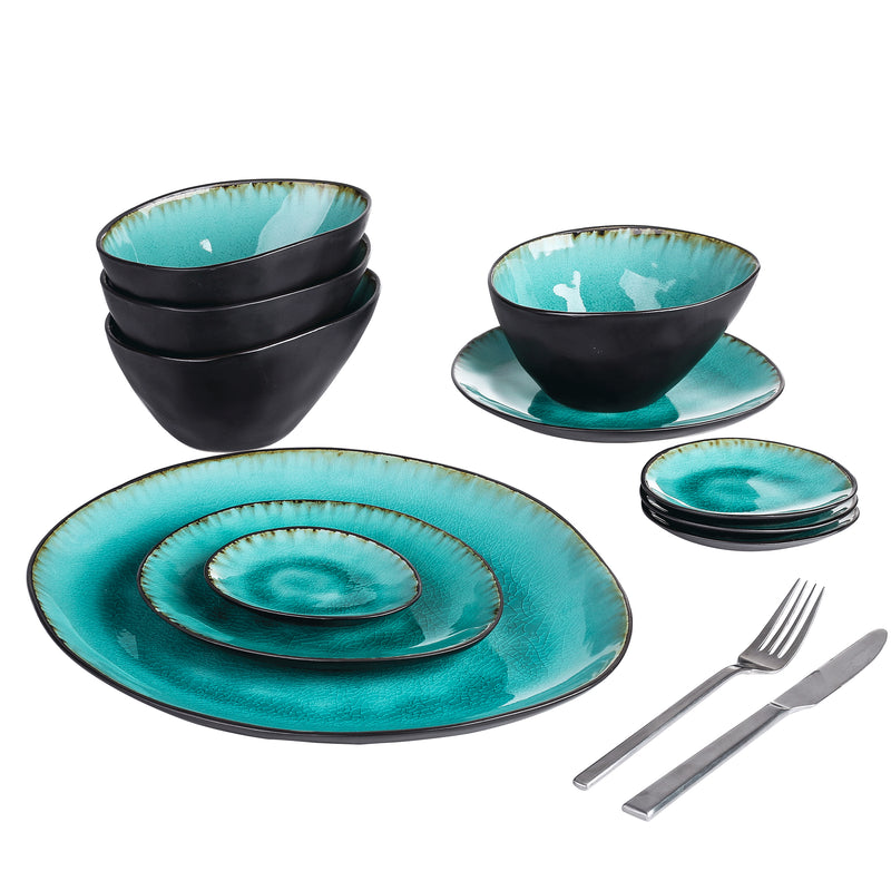 Aqua 11-Piece Pottery Stoneware Vintage Ceramic Dinner Set