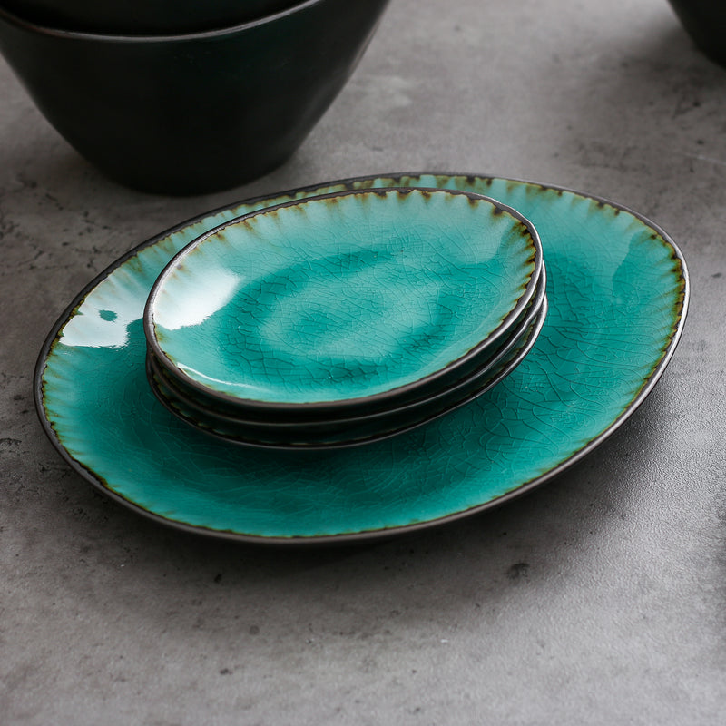 Aqua 11-Piece Pottery Stoneware Vintage Ceramic Dinner Set