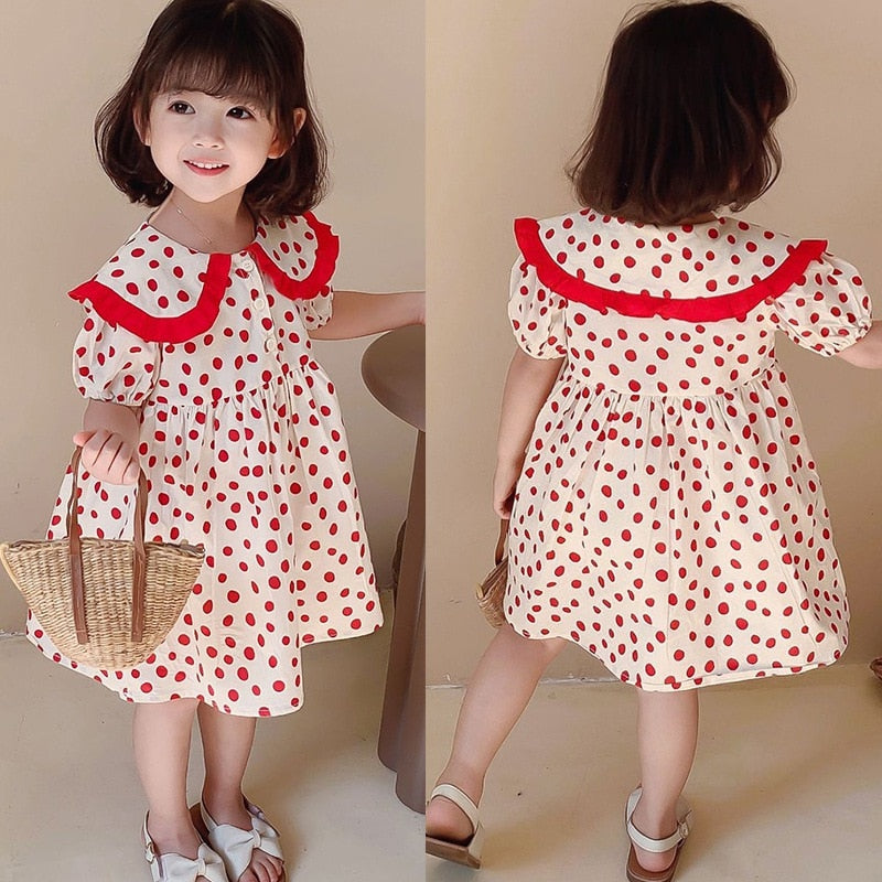 Girls\' Korean Big Lapel Polka Dot Sweet Bubble Sleeve Dress