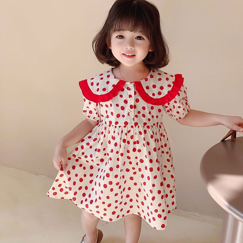 Girls\' Korean Big Lapel Polka Dot Sweet Bubble Sleeve Dress