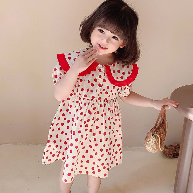 Girls\' Korean Big Lapel Polka Dot Sweet Bubble Sleeve Dress