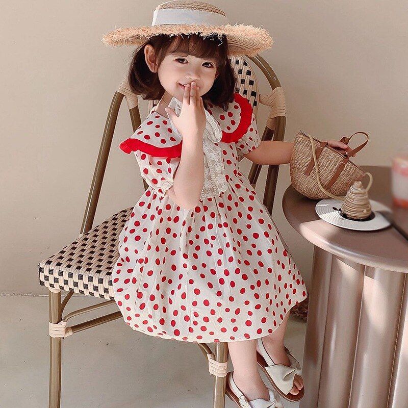 Girls\' Korean Big Lapel Polka Dot Sweet Bubble Sleeve Dress