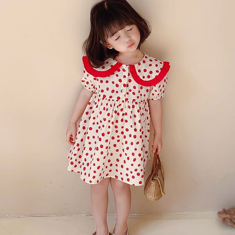 Girls\' Korean Big Lapel Polka Dot Sweet Bubble Sleeve Dress