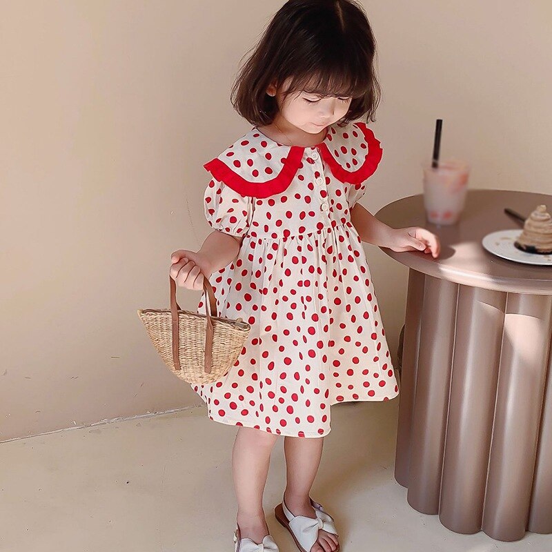 Girls\' Korean Big Lapel Polka Dot Sweet Bubble Sleeve Dress