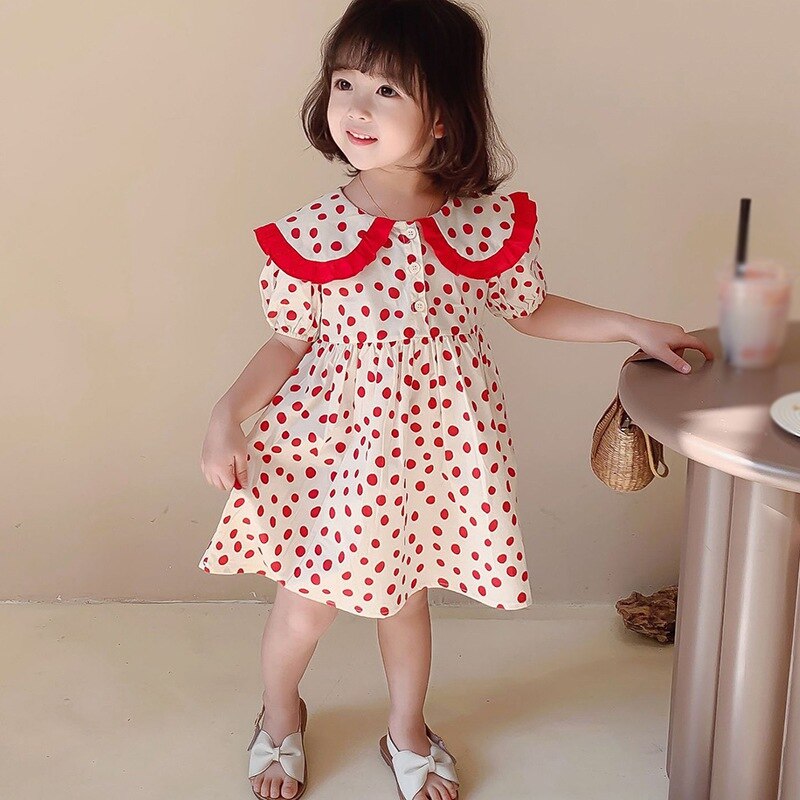 Girls\' Korean Big Lapel Polka Dot Sweet Bubble Sleeve Dress