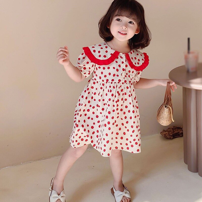 Girls\' Korean Big Lapel Polka Dot Sweet Bubble Sleeve Dress