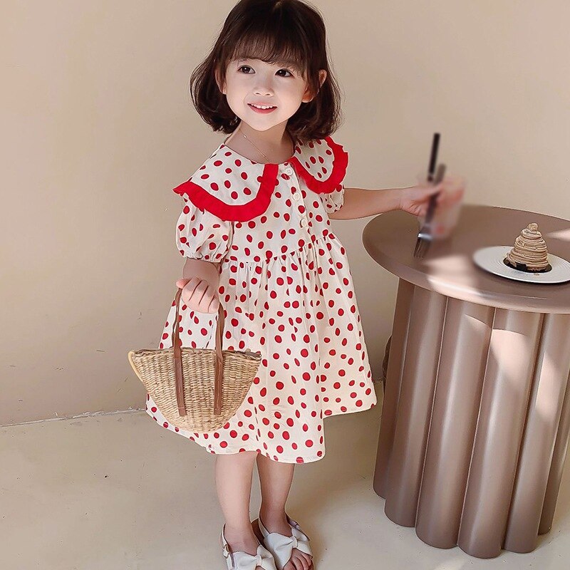 Girls\' Korean Big Lapel Polka Dot Sweet Bubble Sleeve Dress