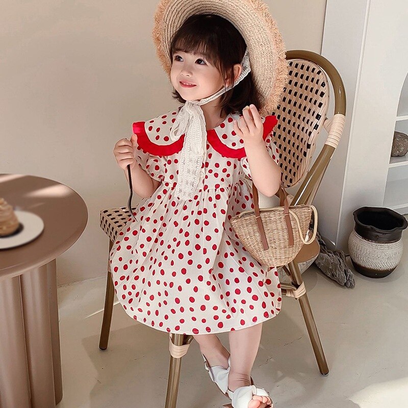 Girls\' Korean Big Lapel Polka Dot Sweet Bubble Sleeve Dress