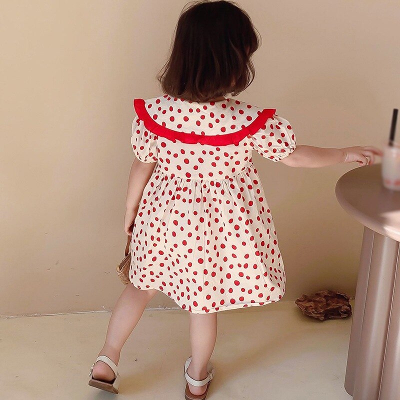 Girls\' Korean Big Lapel Polka Dot Sweet Bubble Sleeve Dress