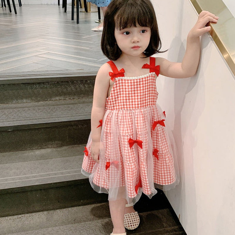 Girls Summer Sweet Bow Checked Halter Princess Dress