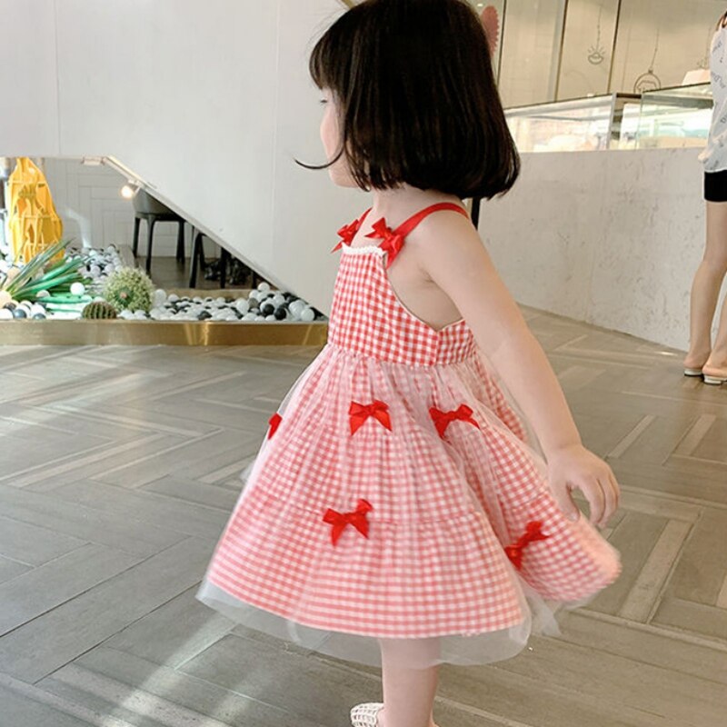 Girls Summer Sweet Bow Checked Halter Princess Dress