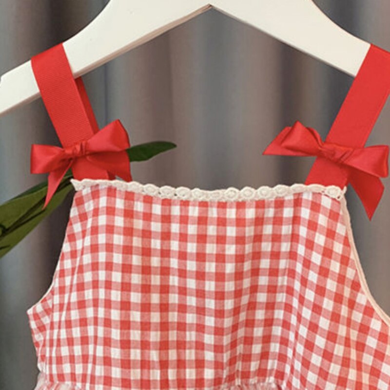 Girls Summer Sweet Bow Checked Halter Princess Dress