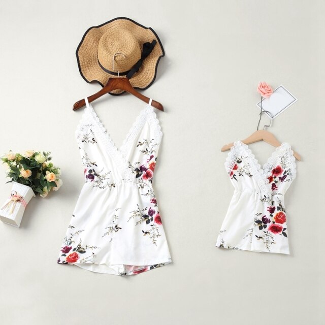 Summer Mother Daughter Sleeveless Sling Floral Rompers Instagramable Family Matching Outfits