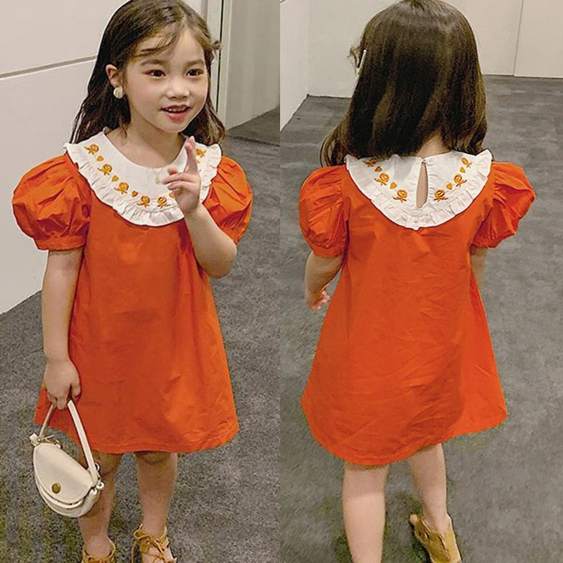 Girls\' Korean Embroidery Princess Dress With Round Neck And Bubble Sleeve