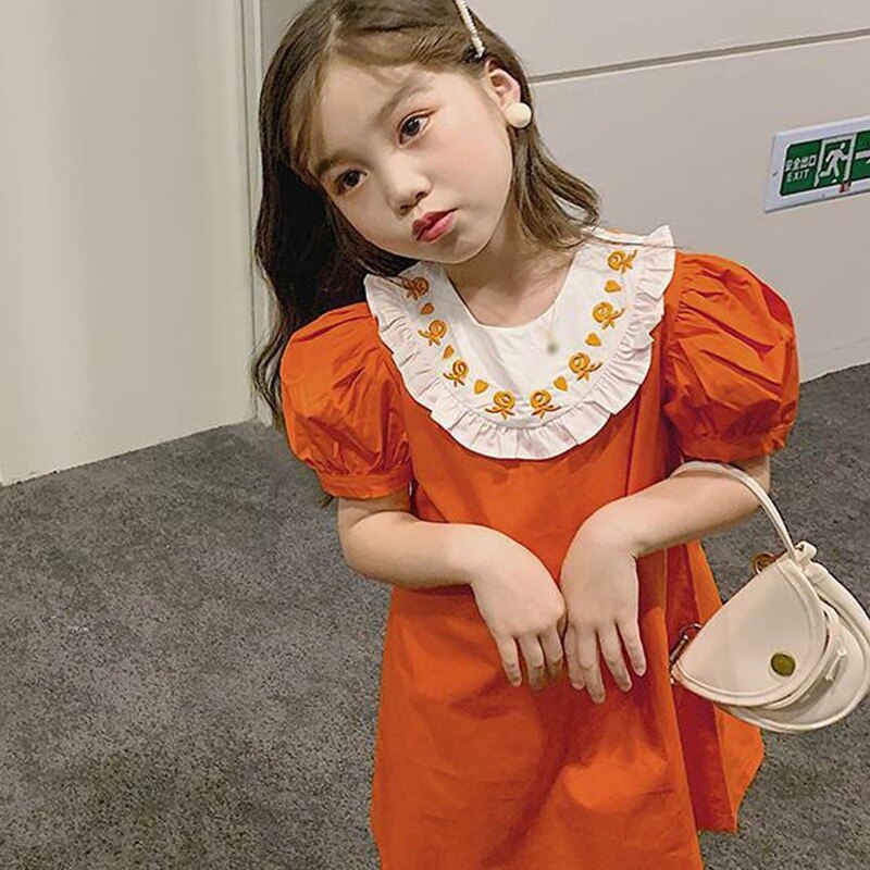 Girls\' Korean Embroidery Princess Dress With Round Neck And Bubble Sleeve