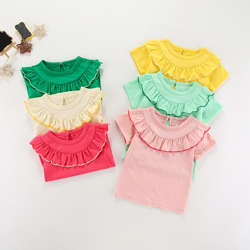 Summer Children Baby Grils Clothing Tops Round Neck Short Sleeve  Versatile Flounce T-shirt Kid
