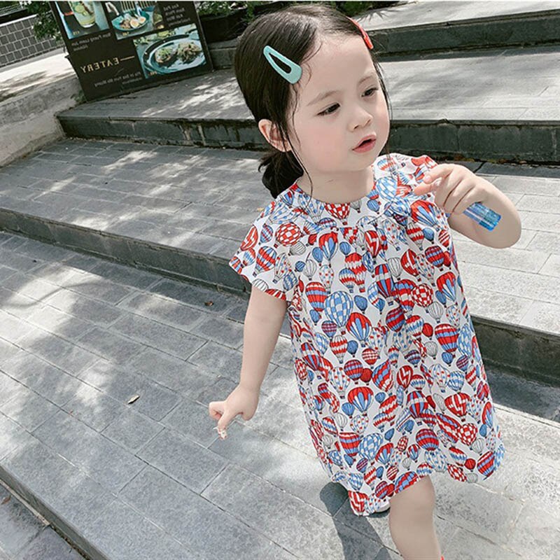 Summer Fashion Baby Girl Dress O-neck Baby Floral Balloon Print Sweet Short Sleeve Princess