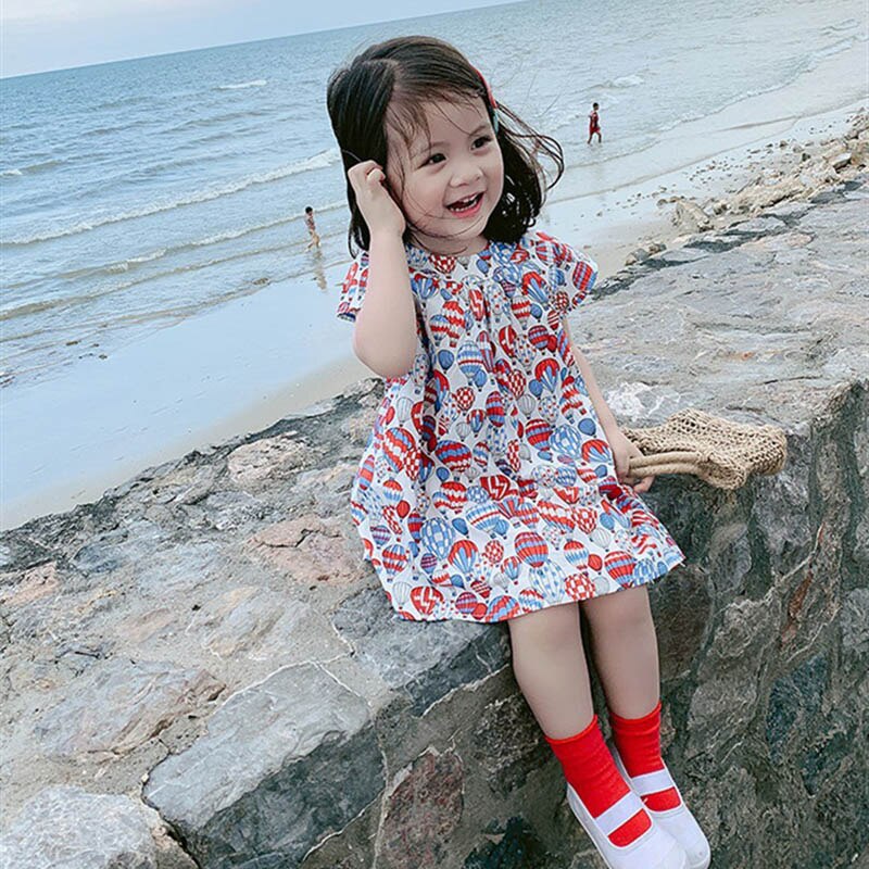 Summer Fashion Baby Girl Dress O-neck Baby Floral Balloon Print Sweet Short Sleeve Princess