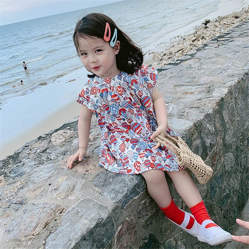 Summer Fashion Baby Girl Dress O-neck Baby Floral Balloon Print Sweet Short Sleeve Princess